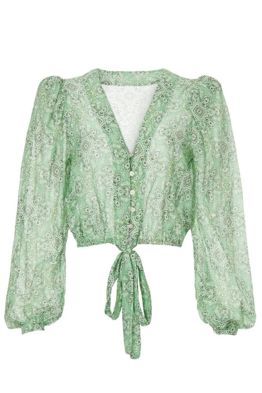 LE SUPERBE Get Ready Blouse Green Silk Cotton Sheer Puff Sleeve Tie Front 0
